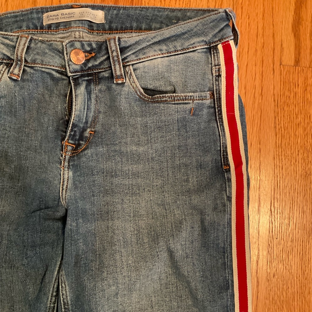 Zara Jeans with Red and White Side Stripe, Distressed and Frayed, 5-Pock… - Picture 4 of 11